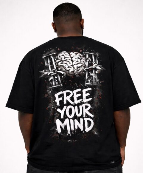 Back view of PLAKA™️ “Free Your Mind” Black Oversized Tee